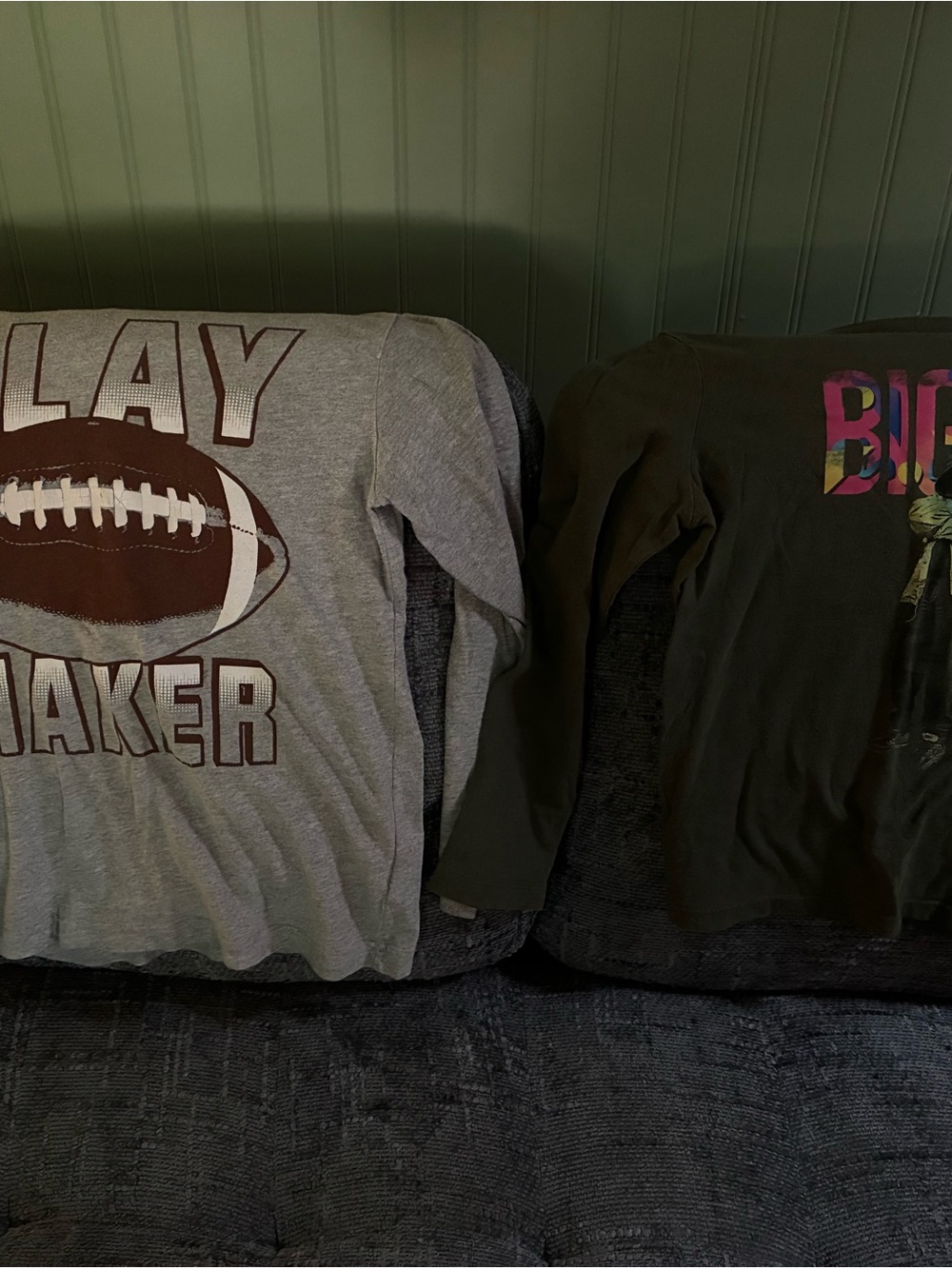 Old Navy Gray Long-Sleeve 'Playmaker' Football Tee and green biggie long sleeve